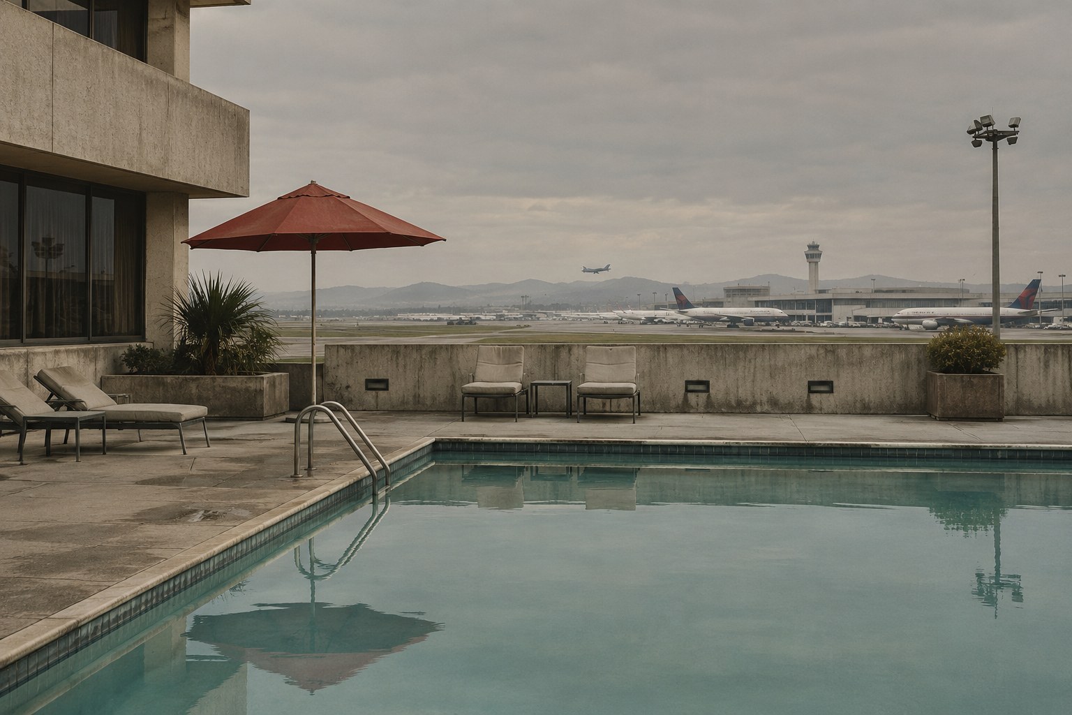 An empty airport hotel pool beneath an overcast sky